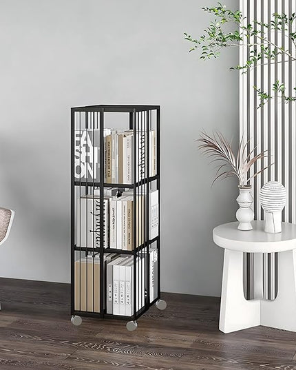 Rotating Bookcase Black 3 Tiers Metal Bookshelf, 360°Cubic Large Capacity for Small Space with Storage and Creative Multi-Layer Shelves,Magazine&Books for Bedroom Living Room Study and Office - LeafyLoom
