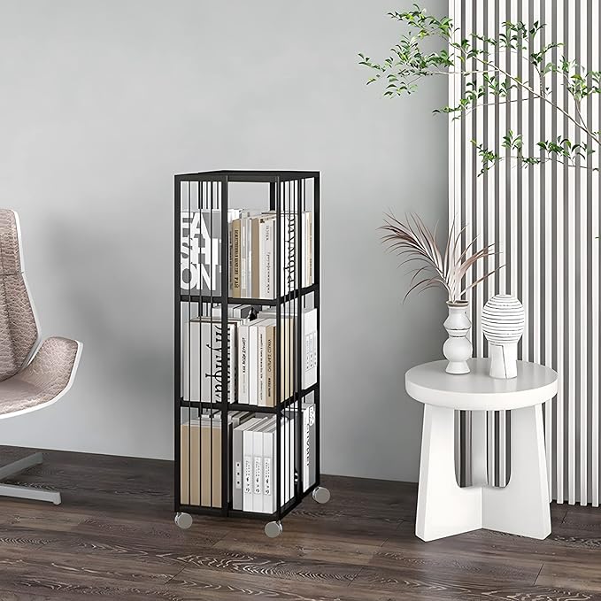 Rotating Bookcase Black 3 Tiers Metal Bookshelf, 360°Cubic Large Capacity for Small Space with Storage and Creative Multi-Layer Shelves,Magazine&Books for Bedroom Living Room Study and Office - LeafyLoom