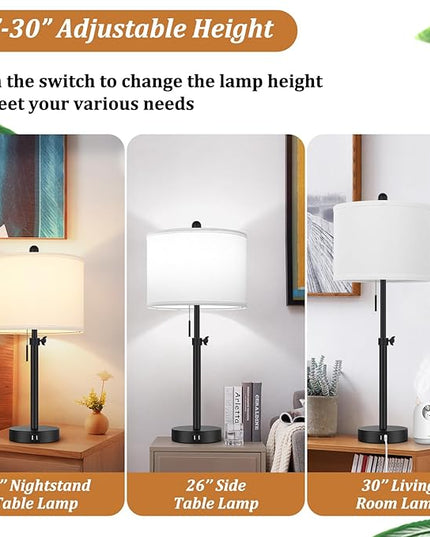 Table Lamp for Bedroom Set of 2, 23" to 30" Height Adjustable Bedside Lamp with 2 USB Ports, Black Nightstand Lamp with White Shade, Modern Pull Chain Table Lamp for Living Room End Table - LeafyLoom