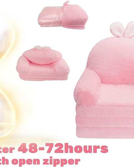 Kids Couch Fold Out Soft Toddler Chairs,Toddler Armrest Chair Bed for Play,Gift for 0-3 Years,Pink Bunny - LeafyLoom