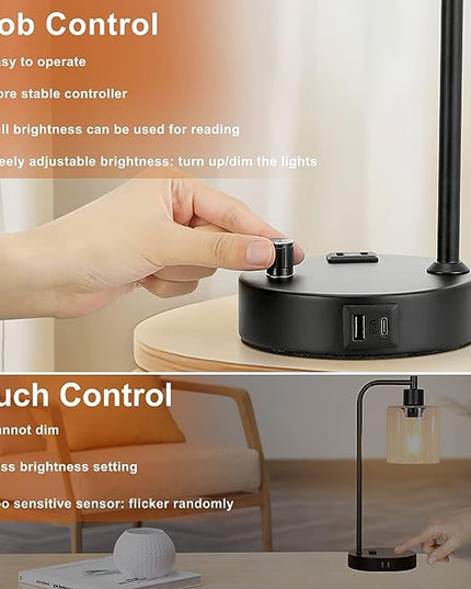 Industrial Bedside Lamps for Nightstand Set of 2 - Fully Dimmable Bedroom Lamps with USB A C Ports and Outlet, Black Table Lamps with Amber Glass Shade for Living Room, Desk Lamps for Office Reading - LeafyLoom