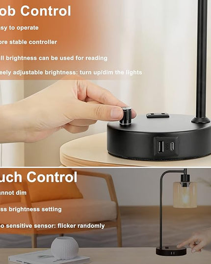 Industrial Table Lamps for Bedrooms Set of 2 - Fully Dimmable Bedside Lamps with USB A and C Ports and Outlet, Black Nightstand Lamps with Glass Shade for Living Room, Desk Lamps for Office Reading - LeafyLoom