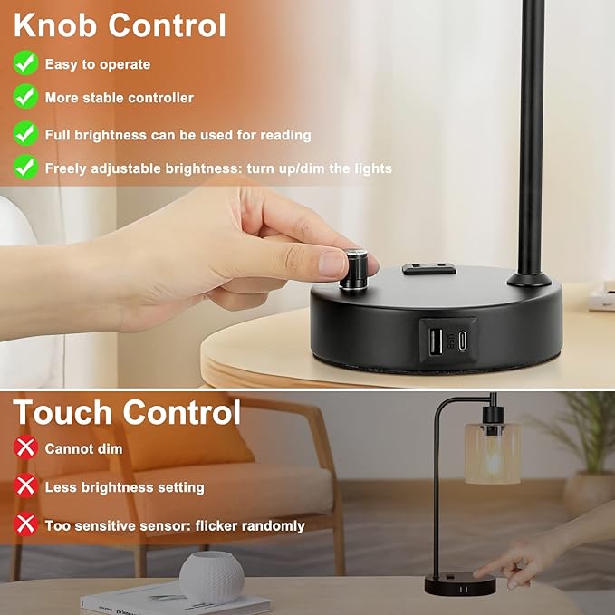 Industrial Table Lamps for Bedrooms Set of 2 - Fully Dimmable Bedside Lamps with USB A and C Ports and Outlet, Black Nightstand Lamps with Glass Shade for Living Room, Desk Lamps for Office Reading - LeafyLoom