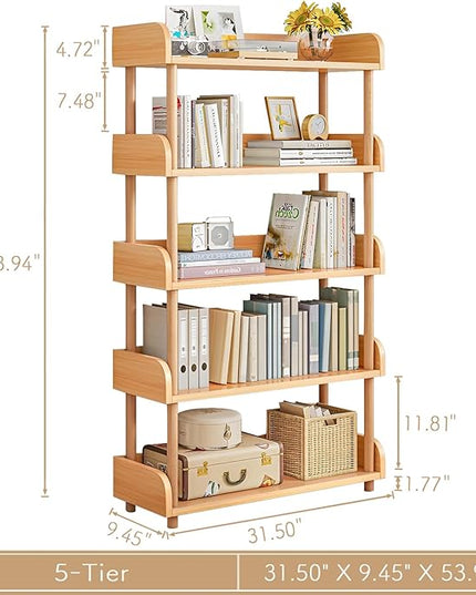 5-Tier Wooden Open Bookcase - Modern Display Bookshelf with Top Edge and Solid Wood Frame for Home and Office, Storage Cabinet, Oak - LeafyLoom