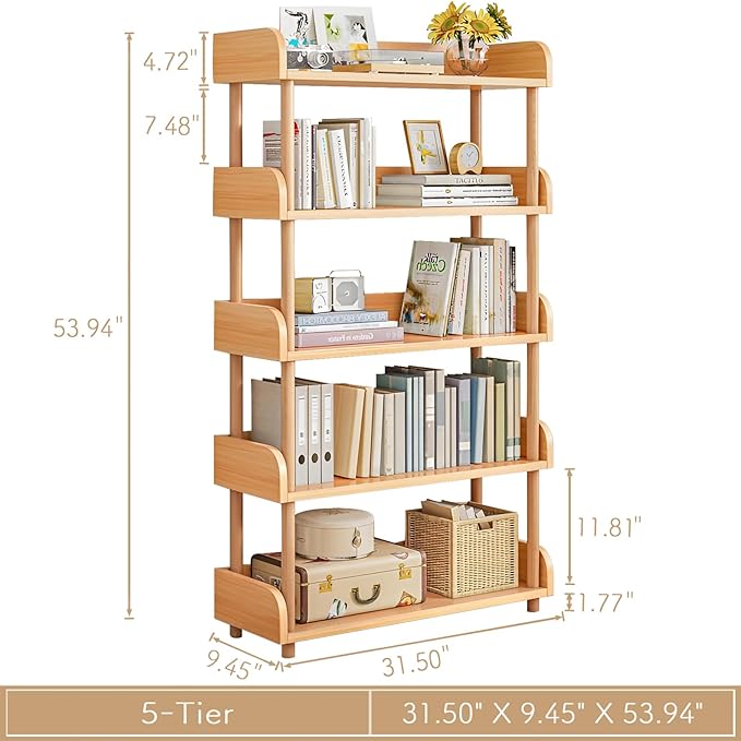 5-Tier Wooden Open Bookcase - Modern Display Bookshelf with Top Edge and Solid Wood Frame for Home and Office, Storage Cabinet, Oak - LeafyLoom