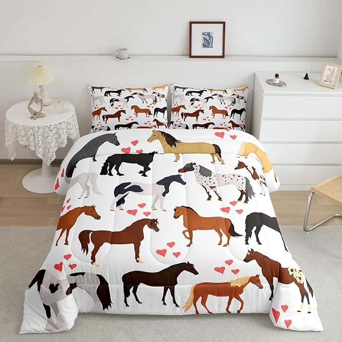 Erosebridal Kawaii Comforter Horse Comforter Set King Farm Bedding Set Kids Boys Girls Cute Animal Duvet Set Cartoon Horses with Pink Lover Heart Bedroom Decor Duvet Set Cowboy Cowgirls Comforter Set - LeafyLoom