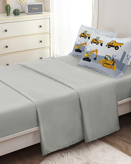 4-Pcs Construction Twin Size Boys Bedding Set, Kids Comforter Set for Teens with Sheets and Pillowcase, Soft Grey Tractor Cars Bed in a Bag Sets - LeafyLoom