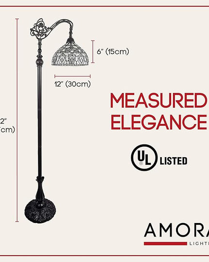 Amora Tiffany Floor Lamp - Arched, Stained Glass 62” with Foot Switch Operation and Adjustable Lamp Shade - Custom Handcrafted Floor Lamps for Living Room in White Mahogany Traditional Peacock - LeafyLoom