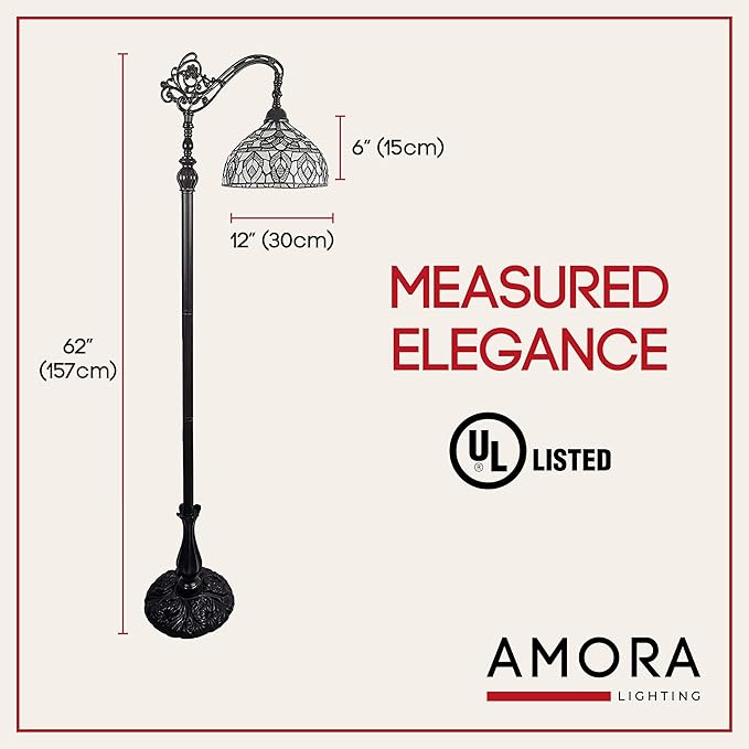 Amora Tiffany Floor Lamp - Arched, Stained Glass 62” with Foot Switch Operation and Adjustable Lamp Shade - Custom Handcrafted Floor Lamps for Living Room in White Mahogany Traditional Peacock - LeafyLoom