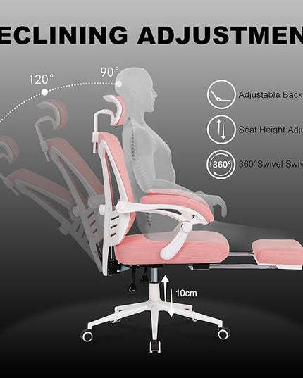 Vonesse Ergonomic Office Chair High Back Computer Mesh Office Chair with Footrest Big and Tall Office Chair Adjustable Home Office Chair Comfy Executive Desk Chair Pink - LeafyLoom