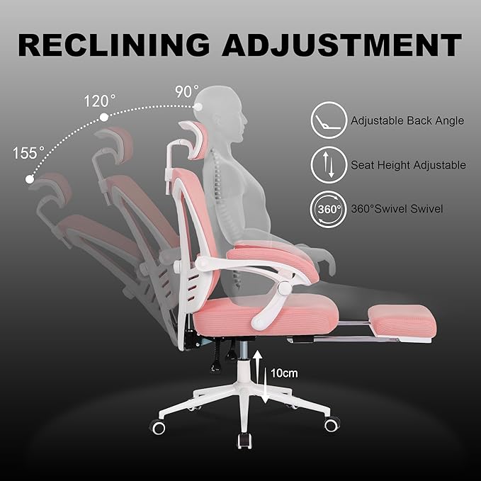 Vonesse Ergonomic Office Chair High Back Computer Mesh Office Chair with Footrest Big and Tall Office Chair Adjustable Home Office Chair Comfy Executive Desk Chair Pink - LeafyLoom