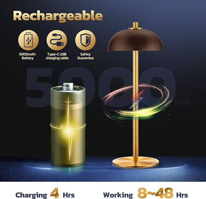 Rechargeable Cordless Table Lamp - 5000mAh Battery Powered Lamp, 3 Color Modes Stepless Dimming LED Table Light with Memory Function for Indoor, Outdoor, Dinner, Patio, Cafe.(Brown) - LeafyLoom