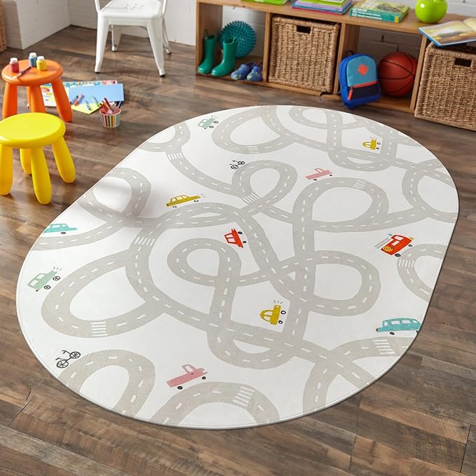 LIVEBOX Grey Car Rug for Playroom, 5'X7' Kids Play Mat for Boys and Girls, Large Road Traffice Rugs for Nursery, Washable Kids Rug Non-Slip Toy Car Mat for Bedroom Toddler Room - LeafyLoom