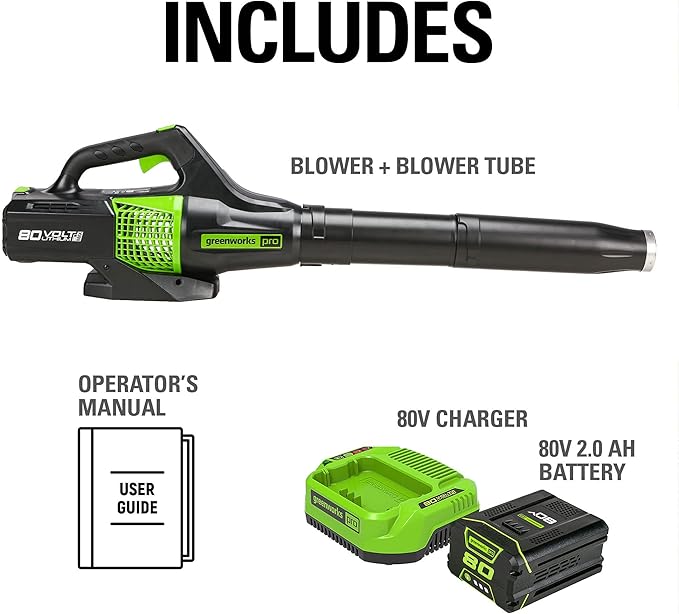 Greenworks 80V (150 MPH / 500 CFM / 75+ Compatible Tools) Cordless Axial Leaf Blower, 2.0Ah Battery and Charger Included - LeafyLoom
