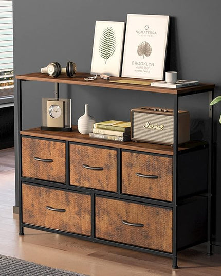 Sweetcrispy TV Stand for Bedroom, TV Dresser for 45 inches, Media Console Table, Entertainment Center with 5 Fabric Drawers Cabinet and Open Storage Shelf Furniture Cabinet for Living Room, Hallway - LeafyLoom