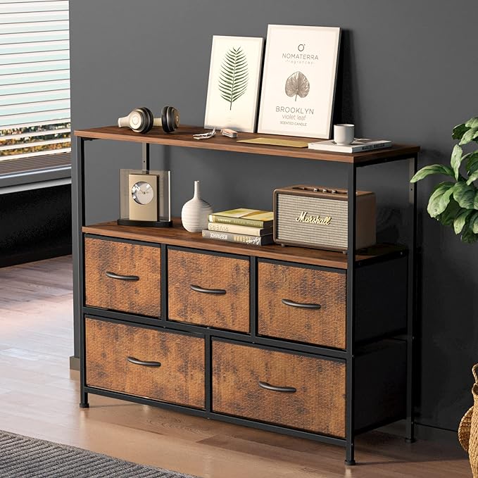 Sweetcrispy TV Stand for Bedroom, TV Dresser for 45 inches, Media Console Table, Entertainment Center with 5 Fabric Drawers Cabinet and Open Storage Shelf Furniture Cabinet for Living Room, Hallway - LeafyLoom