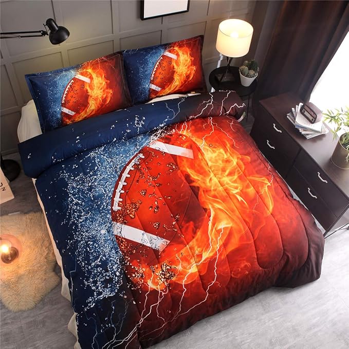 NTBED American Football Comforter Set for Boys Teens,3D Sports Bedding Full Size,Rugby Printed Quilt Sets with 2 Matching Pillow Shams - LeafyLoom