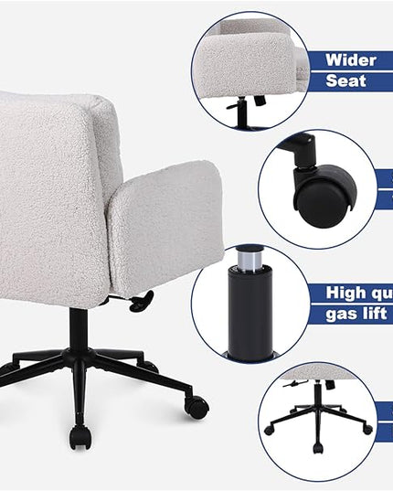 Adjustable Height Home Office Chair, Modern Mid Back Computer Desk Chair with Wheels, Ergonomic Upholstered Swivel Chair, Cream - LeafyLoom