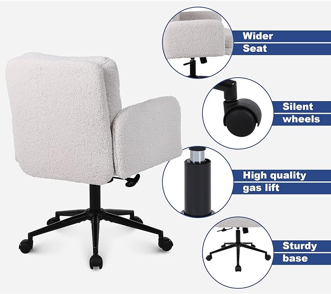 Adjustable Height Home Office Chair, Modern Mid Back Computer Desk Chair with Wheels, Ergonomic Upholstered Swivel Chair, Cream - LeafyLoom