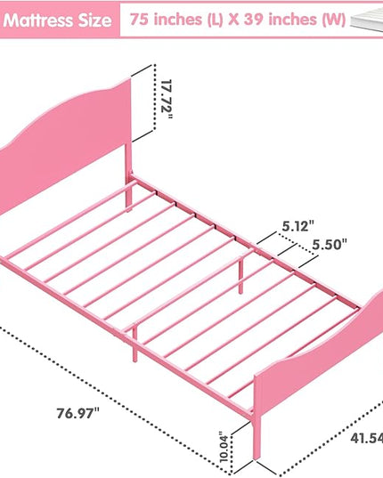 Timy Pink Kids Twin Bed Frame with Wooden Headboard and Footboard, Metal Platform Bed Frame for Boys Girls Teens Adults, Modern Kids Bed Furniture, No Box Spring Needed - LeafyLoom
