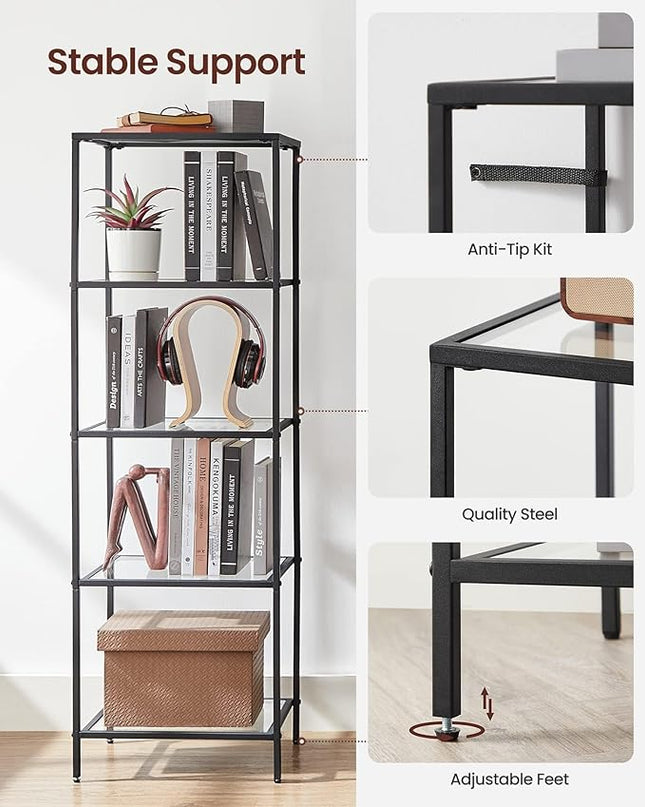 VASAGLE Bookcase, 5-Tier Bookshelf, Slim Shelving Unit for Bedroom, Bathroom, Home Office, Tempered Glass, Steel Frame, Ink Black ULGT029B61 - LeafyLoom