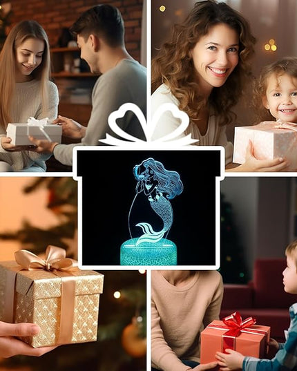 Mermaid Night Light,Gifts for Girls,3D Illusion Lamp,Kids Bedside Lamp,16 Color Change Decor Lamp with Remote & Smart Touch, Gifts for Christmas Birthday Boys Men Girls - LeafyLoom