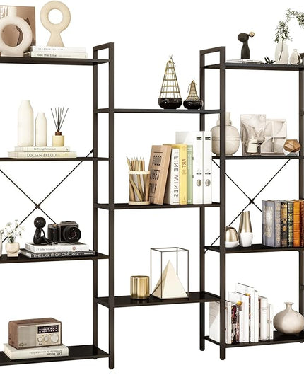 Panana Triple 4 tier bookshelf, Industrial Bookcase with 11 Open Display Shelves Wide Book Shelf Book Case with Metal Frame for Living Room Home Office (Black) - LeafyLoom