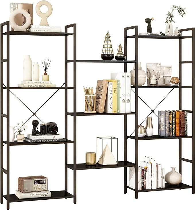 Panana Triple 4 tier bookshelf, Industrial Bookcase with 11 Open Display Shelves Wide Book Shelf Book Case with Metal Frame for Living Room Home Office (Black) - LeafyLoom