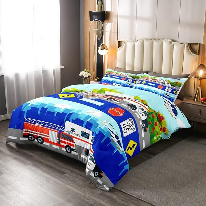 Kids Fire Trucks Car Comforter Set King Size Cartoon Police Car Down Comforter Airplane Ambulance Rescue Vehicles Beding Set Boys Girls Car Room Decor Soft Lightweight Duvet Set, Colorful Comforter - LeafyLoom