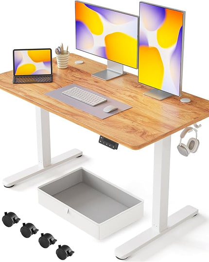 FEZIBO 48 x 24 Inches Standing Desk with Drawer, Adjustable Height Electric Stand up Desk with Storage, Sit Stand Home Office Desk, Ergonomic Computer Desk, Light Rustic - LeafyLoom