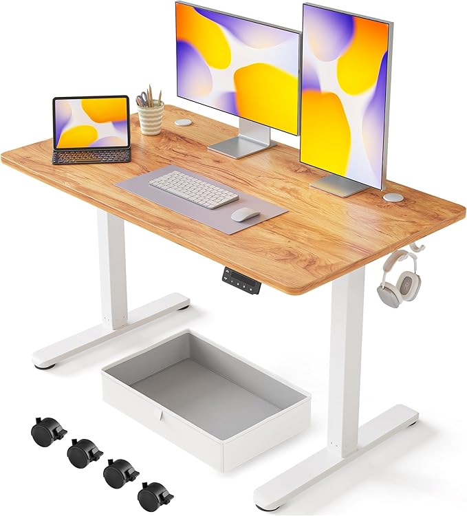 FEZIBO 48 x 24 Inches Standing Desk with Drawer, Adjustable Height Electric Stand up Desk with Storage, Sit Stand Home Office Desk, Ergonomic Computer Desk, Light Rustic - LeafyLoom