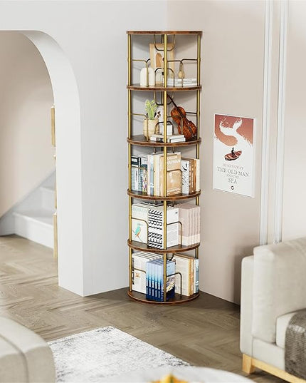 5 Tier Rotating Bookshelf, 360 ° Display Stackable Spinning Bookshelf Tower, Narrow Space Saving Tall Floor Standing Swivel Bookcase Corner Storage Organizer for Bedroom, Living Room, Gold - LeafyLoom