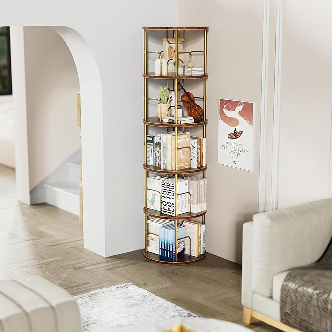 5 Tier Rotating Bookshelf, 360 ° Display Stackable Spinning Bookshelf Tower, Narrow Space Saving Tall Floor Standing Swivel Bookcase Corner Storage Organizer for Bedroom, Living Room, Gold - LeafyLoom