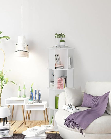 4 Tier Rotating Bookshelf, Wooden Spinning Bookshelf Tower, 360 Display Revolving Bookshelf Floor Standing Corner Narrow Revolving Bookcase for Living Room, Bedroom, White - LeafyLoom