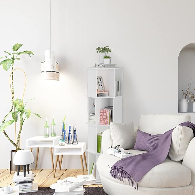 4 Tier Rotating Bookshelf, Wooden Spinning Bookshelf Tower, 360 Display Revolving Bookshelf Floor Standing Corner Narrow Revolving Bookcase for Living Room, Bedroom, White - LeafyLoom