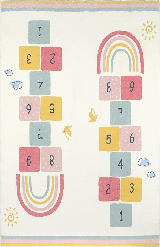 Topotdor Rainbow Sky Hopscotch Game Rugs,Kids Play Area Rugs Soft Floor Carpet for Bedroom Playroom Nursery,Great Gift for Girls & Boys,47" x 71" - LeafyLoom