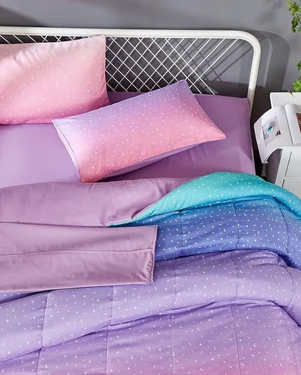 Pink Glitter Comforter Set for Teen Girls Women,Twin Size 4 Piece Bed in A Bag,Metallic Star Moon Printed Rainbow Comforter and Sheets,Ultra Soft Microfiber All Season Bedding Set(Twin,Green) - LeafyLoom