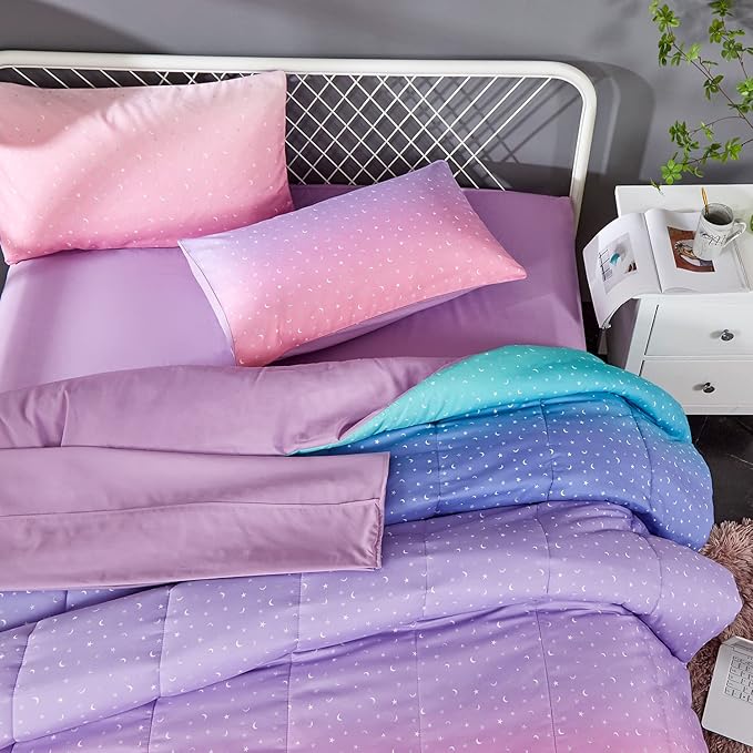 Pink Glitter Comforter Set for Teen Girls Women,Twin Size 4 Piece Bed in A Bag,Metallic Star Moon Printed Rainbow Comforter and Sheets,Ultra Soft Microfiber All Season Bedding Set(Twin,Green) - LeafyLoom