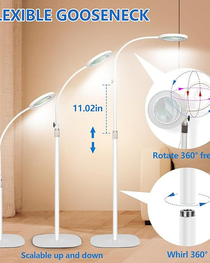 HITTI 10X Magnifying Glass with Light and Clamp, Hands Free Magnifying Floor Lamp with Flexible Gooseneck, 3 Color Stepless Dimmable LED Lighted Magnifier Light Stand for Esthetician Craft Close Works - LeafyLoom