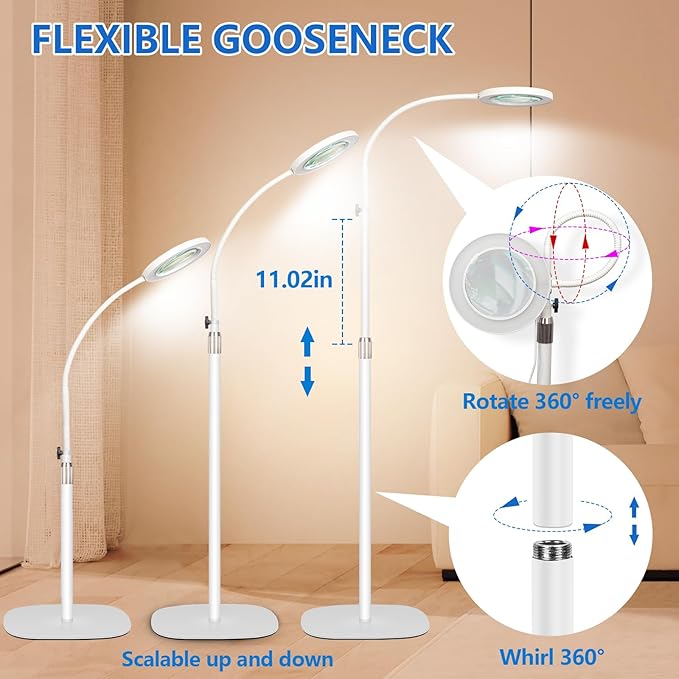HITTI 10X Magnifying Glass with Light and Clamp, Hands Free Magnifying Floor Lamp with Flexible Gooseneck, 3 Color Stepless Dimmable LED Lighted Magnifier Light Stand for Esthetician Craft Close Works - LeafyLoom