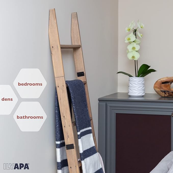 Ilyapa Blanket Ladder for The Living-Room - Rustic Decorative Quilt Ladder with Folding Construction for Easy Storage, Brown Weathered Wood - LeafyLoom