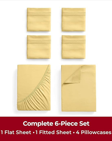 Mellanni Full Sheets Set - 6 PC Iconic Collection Bedding Sheets & Pillowcases - Hotel Luxury, Ultra Soft, Cooling Bed Sheets - Deep Pocket up to 16 inch - 6 PC (Full, Yellow w/Extra Pillow Cases) - LeafyLoom