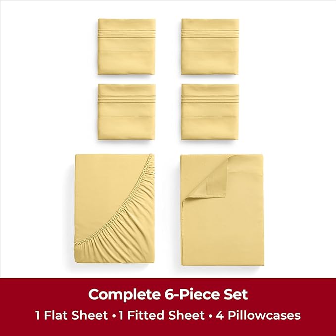 Mellanni Full Sheets Set - 6 PC Iconic Collection Bedding Sheets & Pillowcases - Hotel Luxury, Ultra Soft, Cooling Bed Sheets - Deep Pocket up to 16 inch - 6 PC (Full, Yellow w/Extra Pillow Cases) - LeafyLoom