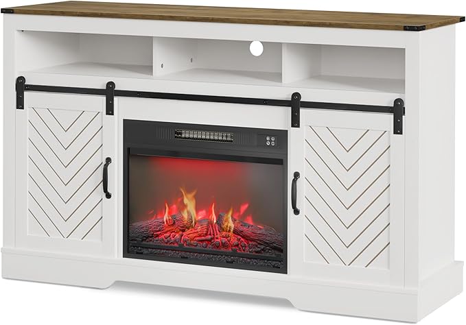 Fireplace TV Stand for 65+ Inch TV, Farmhouse Entertainment Center with 23" Electric Fireplace with Remote, Modern Rustic TV Console with Sliding Bar Door for Living Room,Antique White - LeafyLoom