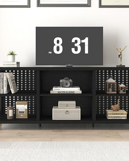 LVB Black Entertainment Center, Modern Wood Metal TV Stand for 65 Inch TV, Industrial Television Stands with Cabinet Storage, Farmhouse Media Console Tables for Home Living Bedroom, Black Oak, 55 Inch - LeafyLoom