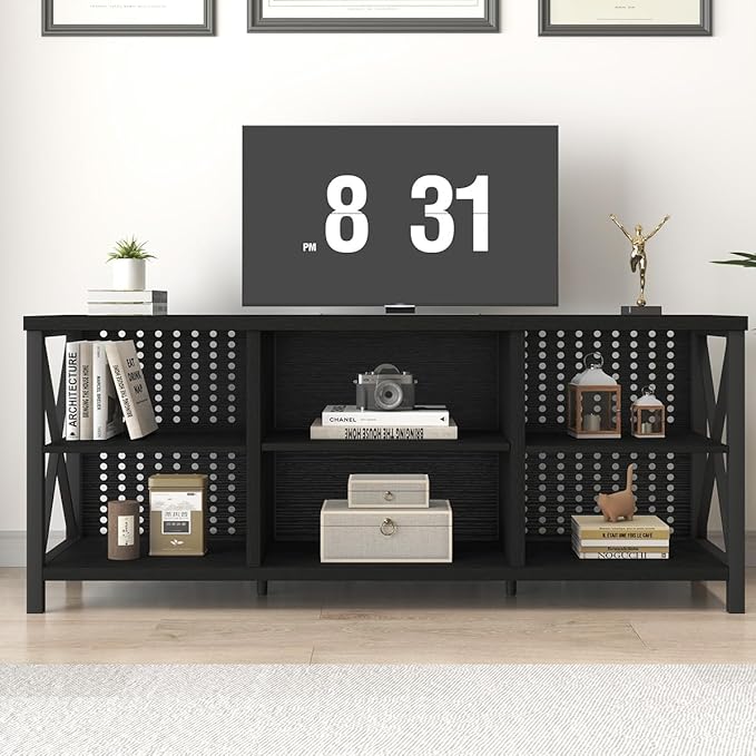 LVB Black Entertainment Center, Modern Wood Metal TV Stand for 65 Inch TV, Industrial Television Stands with Cabinet Storage, Farmhouse Media Console Tables for Home Living Bedroom, Black Oak, 55 Inch - LeafyLoom