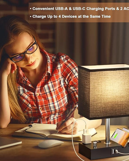 Kakanuo Table Lamp for Bedroom with Dual USB Ports, Fully Dimmable Black Bedside Lamp with Phone Stands and 2 Charging Outlets, Desk Lamp for Nightstand and Living Room, LED Bulb Included - LeafyLoom