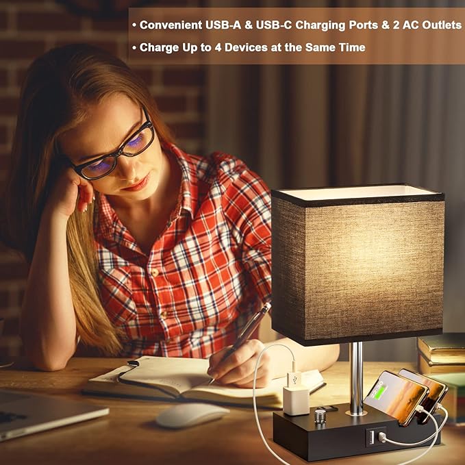 Kakanuo Table Lamp for Bedroom with Dual USB Ports, Fully Dimmable Black Bedside Lamp with Phone Stands and 2 Charging Outlets, Desk Lamp for Nightstand and Living Room, LED Bulb Included - LeafyLoom