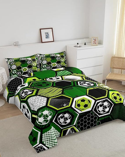 Erosebridal Boys Football Comforter Set Full Soccer Sports Bedding Set Twin for Kids Teen,Geometric Honeycomb Down Comforter Hexagon Beehive Quilt Duvet Duvet Insert Green Black White 2 Pillow Cases - LeafyLoom