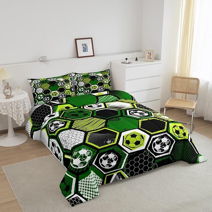 Erosebridal Boys Football Comforter Set Full Soccer Sports Bedding Set Twin for Kids Teen,Geometric Honeycomb Down Comforter Hexagon Beehive Quilt Duvet Duvet Insert Green Black White 2 Pillow Cases - LeafyLoom